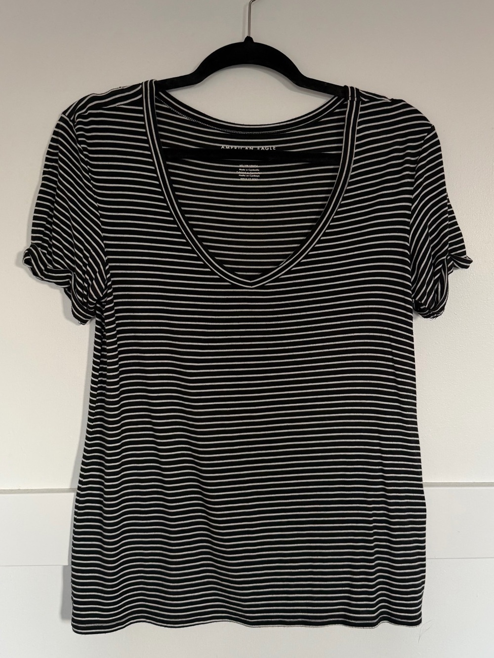 American Age Black and White Striped V-Neck Short Sleeve Tee